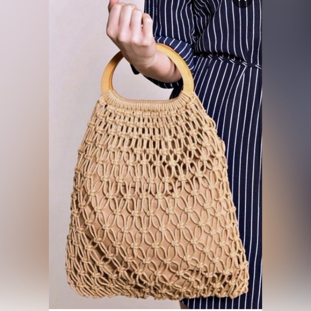 Wooden handle netted tote bag boho beach crochet grandmacore cottagecore